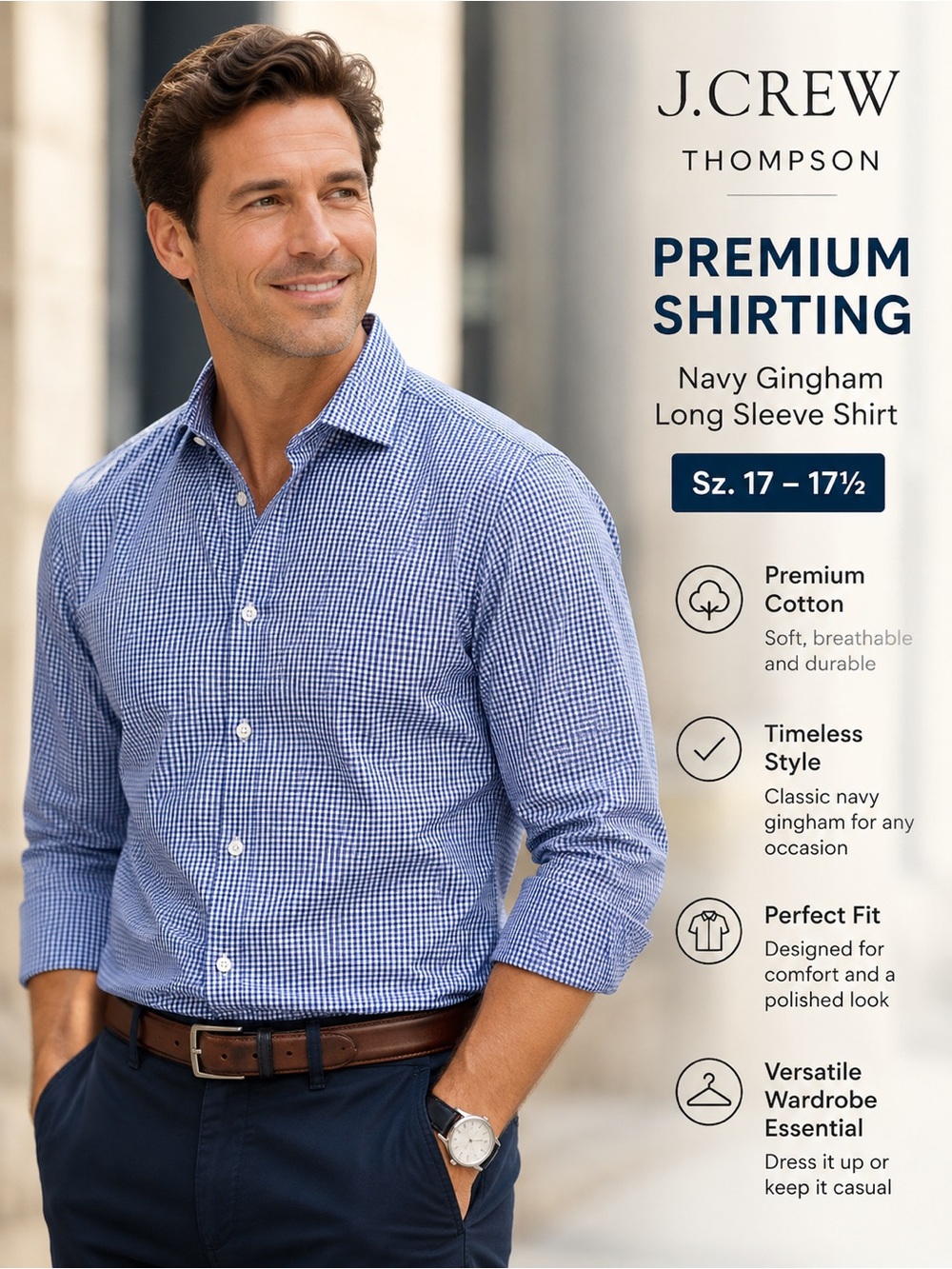 J. Crew Thompson Premium Shirting  Navy Gingham Men's Shirt Sz. 17 - 17 1/2